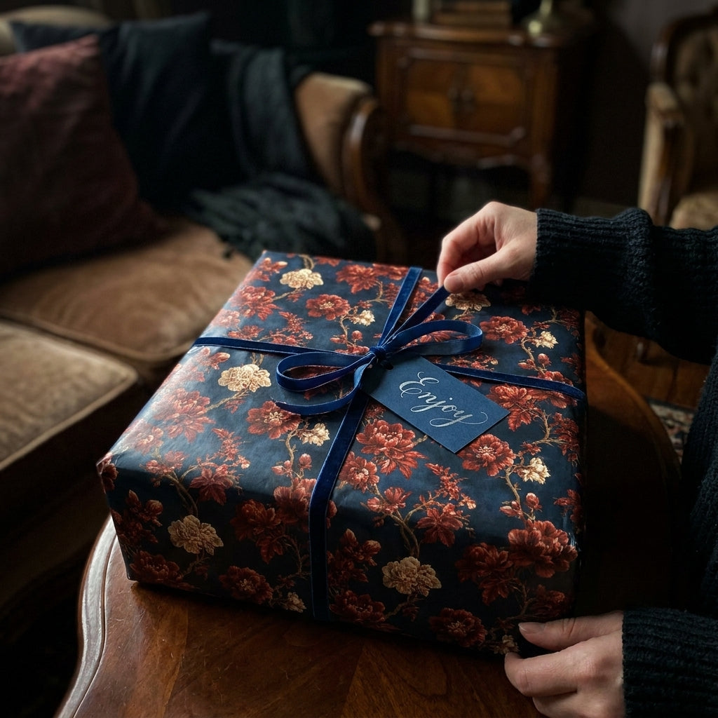 Luxury vintage floral wrapping paper on a gift box with blue velvet ribbon by Wrapped Studios.