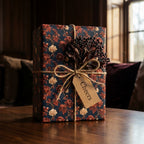 Luxury vintage floral wrapping paper in dark navy and red with rustic twine bow and tag, by Wrapped Studios.