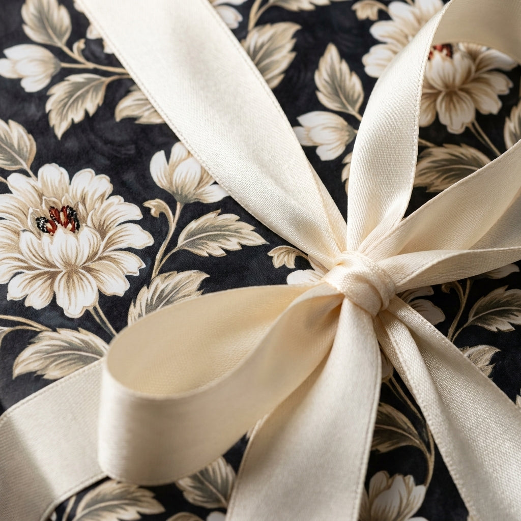 Luxury black and cream floral wrapping paper with a satin ribbon bow by Wrapped Studios.