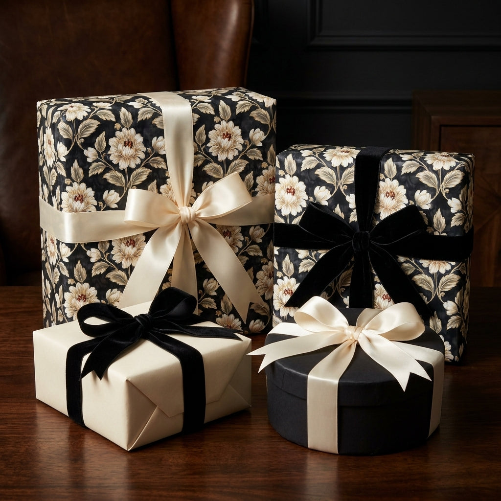 Luxury vintage floral wrapping paper with cream and black velvet bows on gift boxes by Wrapped Studios.
