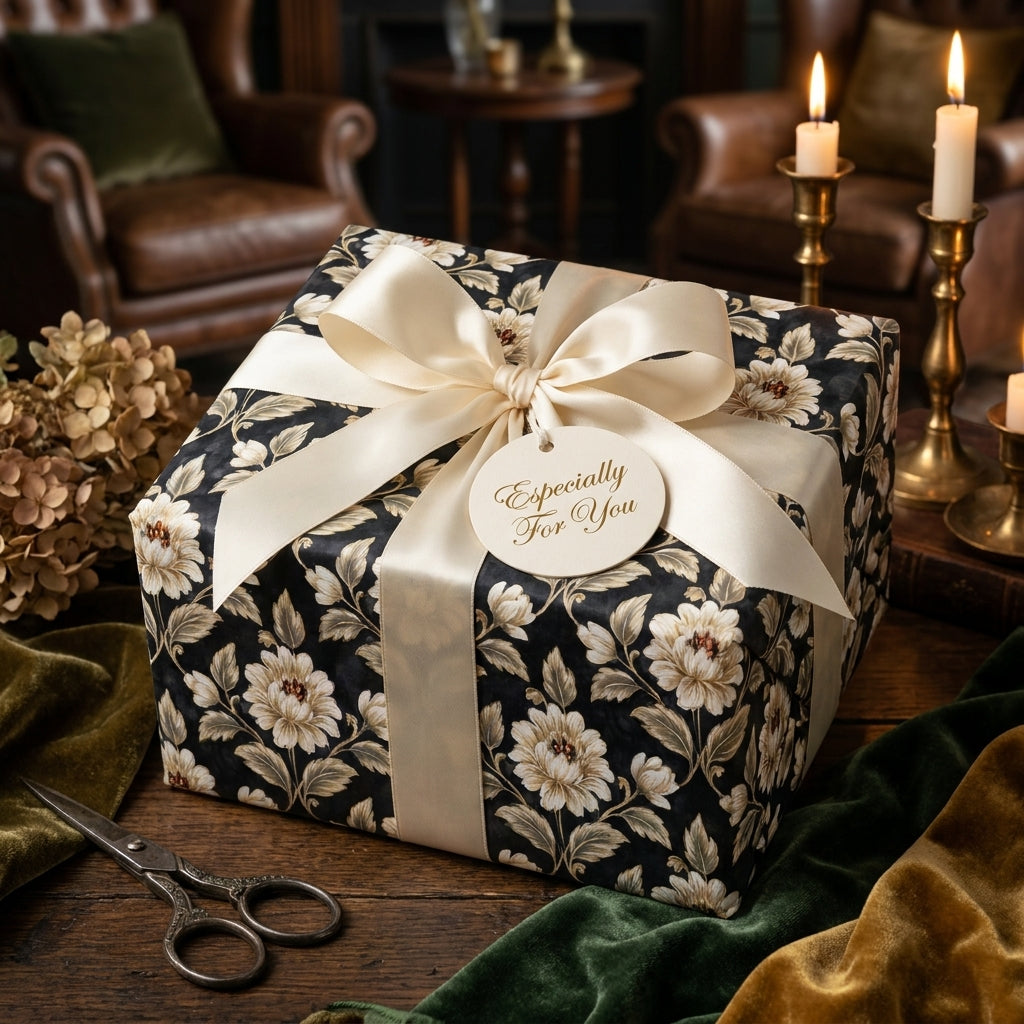 Luxury vintage floral wrapping paper with cream satin bow on a gift box by Wrapped Studios.