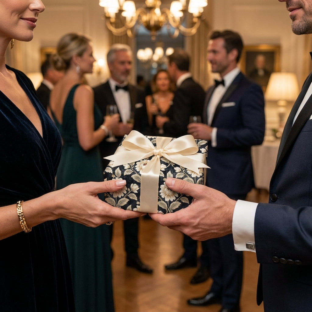 Couple exchanging gift in elegant navy floral wrapping paper with cream bow by Wrapped Studios.