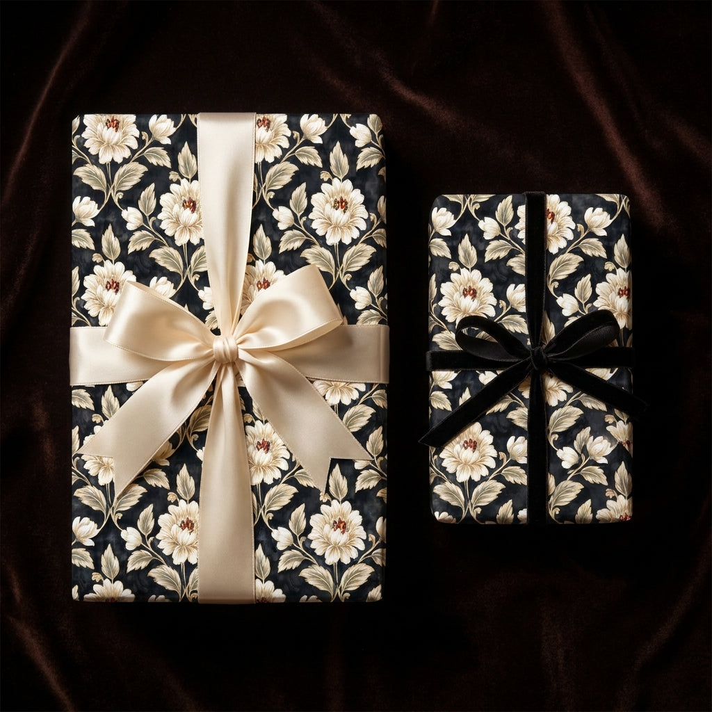 Luxury black floral wrapping paper with elegant cream satin and velvet bows by Wrapped Studios.
