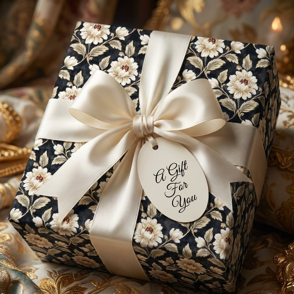 Luxury black floral wrapping paper with an ivory satin bow and gift tag by Wrapped Studios.