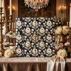 Vintage black floral wrapping paper with gold string on a luxury table setting by Wrapped Studios.