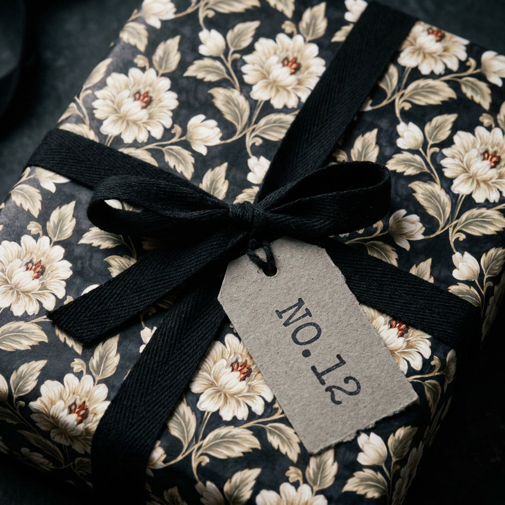 Luxury vintage floral wrapping paper by Wrapped Studios on a gift box with a black ribbon.