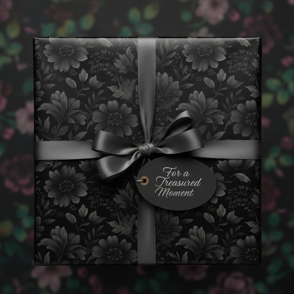 Elegant black floral wrapping paper on a gift box with a gray satin ribbon and "For a Treasured Moment" gift tag.