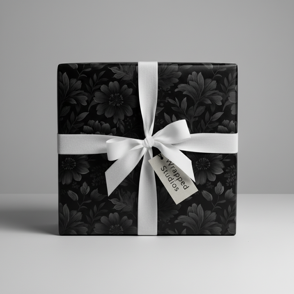 Elegant gift wrapped in black floral wrapping paper with white satin ribbon and bow.