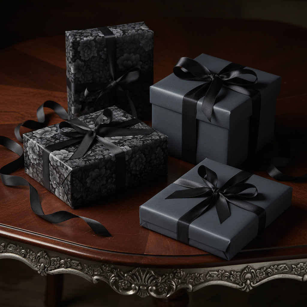 Elegant gifts wrapped in black floral wrapping paper and solid gray paper with black satin ribbons.