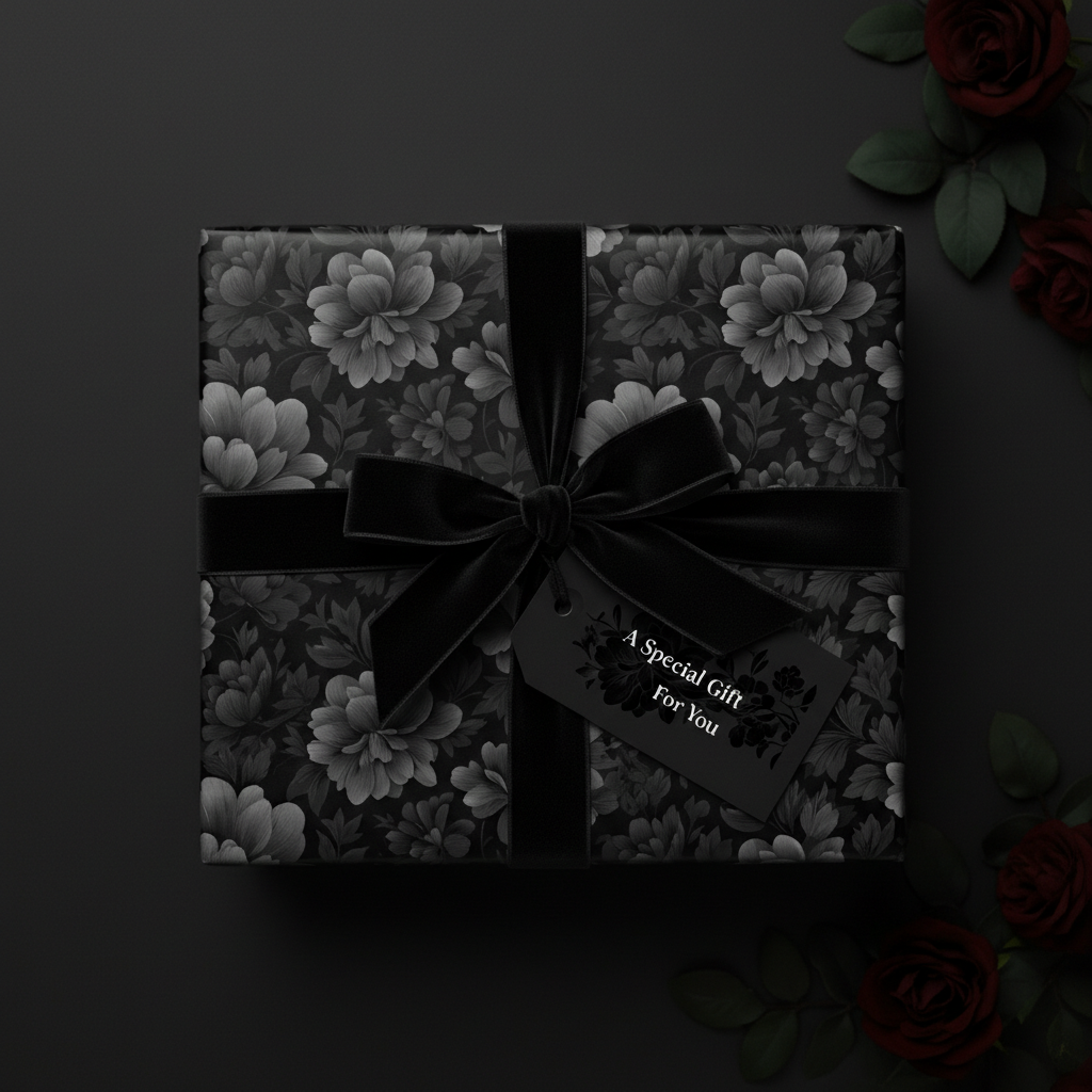 Elegant square gift box wrapped in black floral wrapping paper with velvet ribbon.