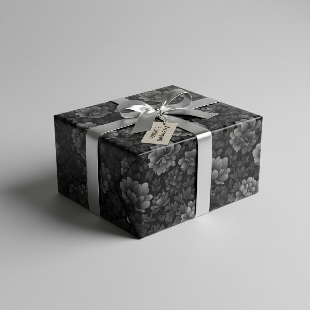 Elegant gift wrapped in black floral wrapping paper with a silver ribbon and bow.