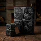 Elegant black floral wrapping paper with ribbon on gifts near a cozy fireplace.