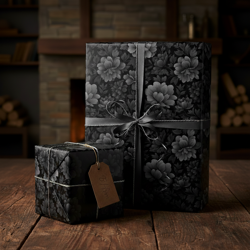 Elegant black floral wrapping paper with ribbon on gifts near a cozy fireplace.