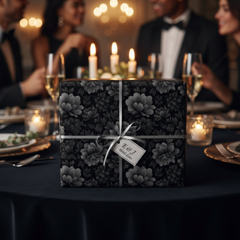 Elegant gift wrapped in black floral wrapping paper with silver ribbon on a formal dining table.