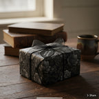 Elegant black floral wrapping paper with sheer ribbon bow on a gift box, beside vintage books and a mug.