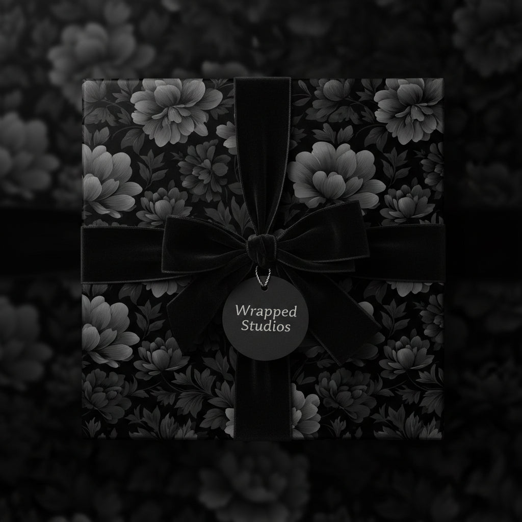 Elegant black floral wrapping paper with velvet ribbon, perfect for luxurious gift presentation.