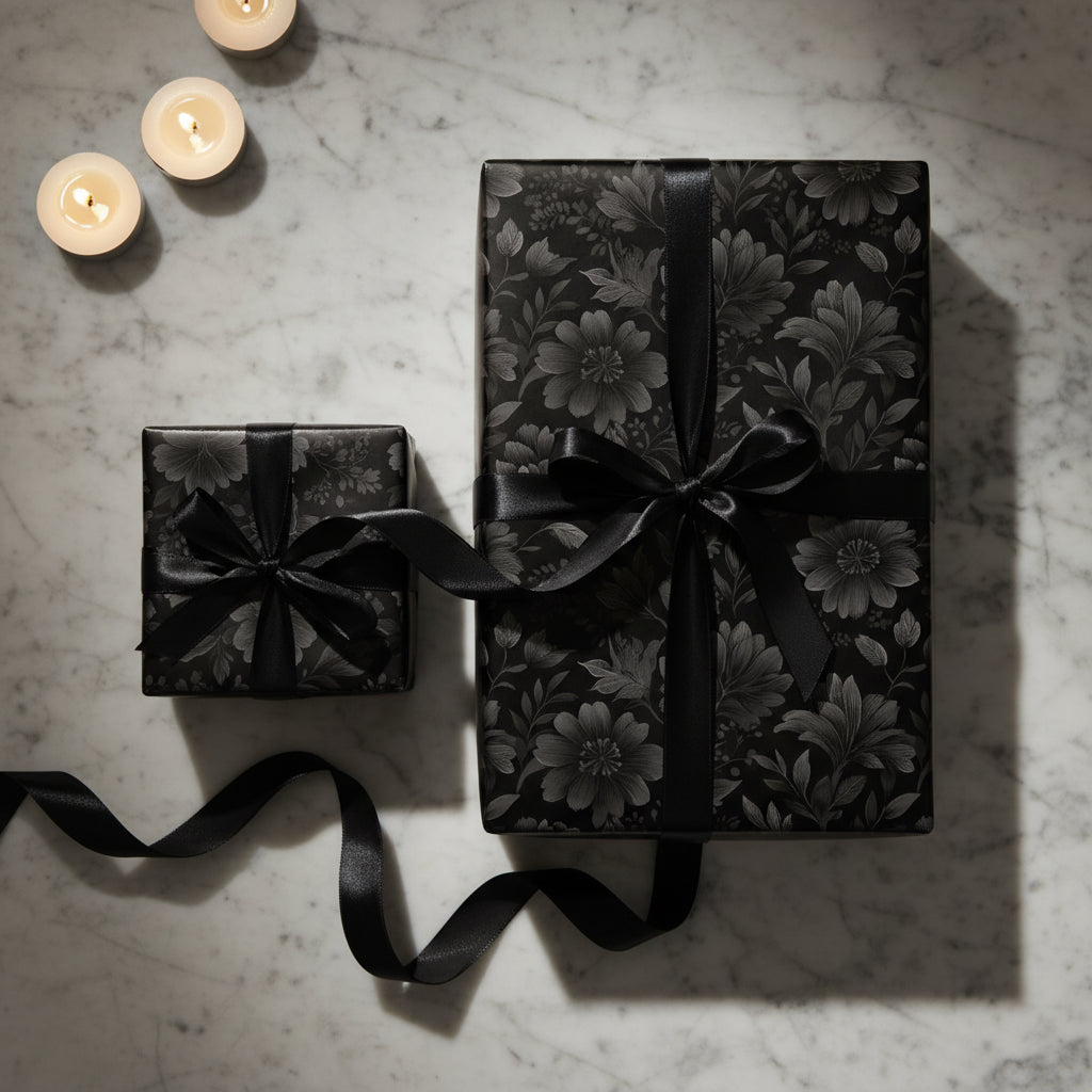 Elegant gifts wrapped in black floral wrapping paper with black ribbon, set on a marble surface with lit candles.
