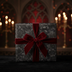 Elegant gift wrapped in black floral paper with a plush red velvet bow, perfect for luxurious occasions.