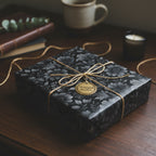 Elegant black floral wrapping paper tied with rustic twine on a square gift box.