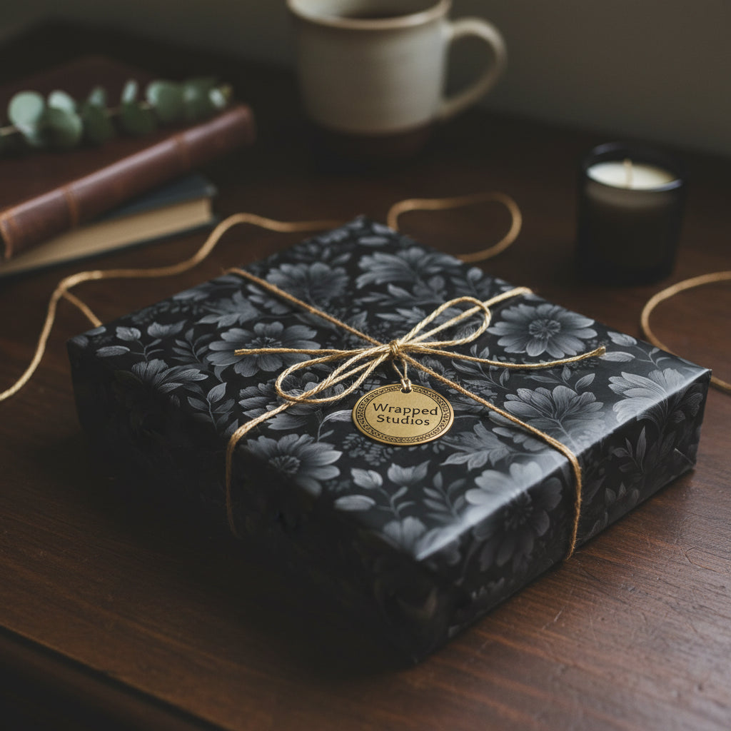 Elegant black floral wrapping paper tied with rustic twine on a square gift box.