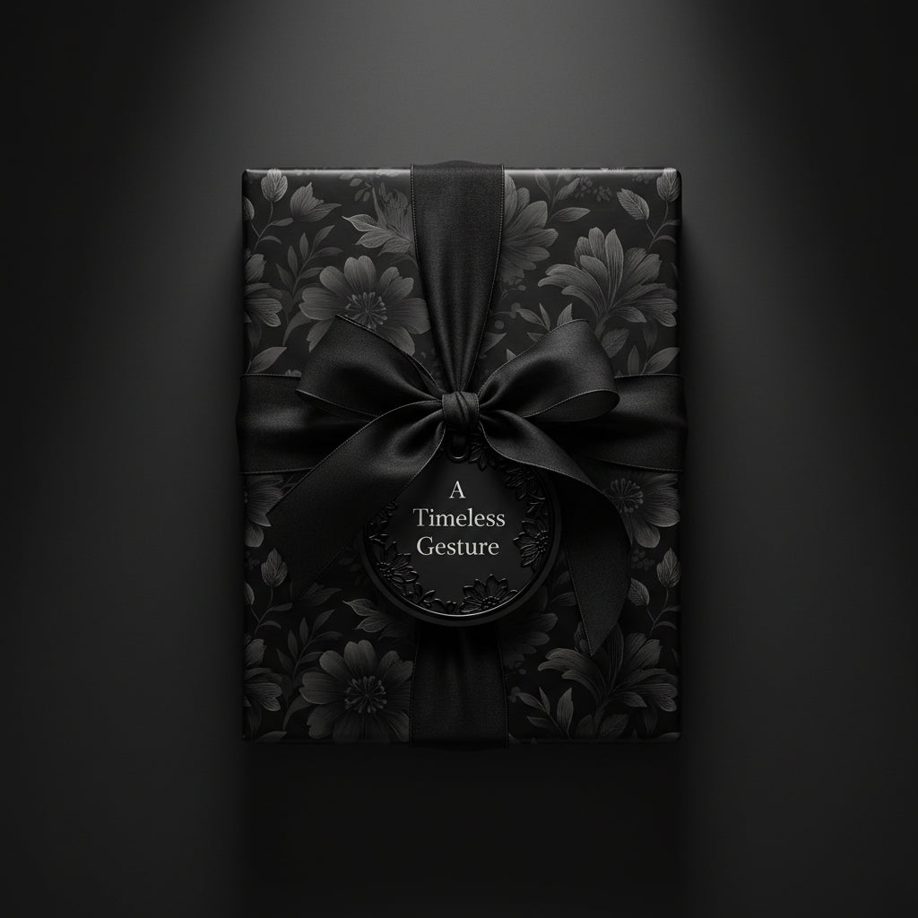 Elegant floral wrapping paper in black, tied with a satin bow and circular tag saying "A Timeless Gesture".
