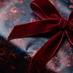 Luxury dark floral wrapping paper tied with a burgundy velvet bow, by Wrapped Studios.