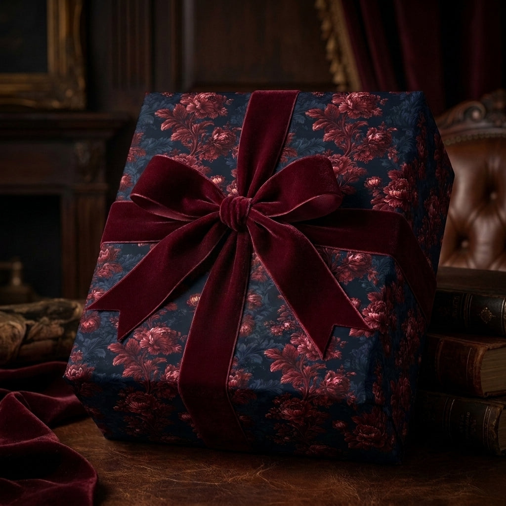 Vintage navy and burgundy floral gift wrap with a luxury velvet bow by Wrapped Studios.