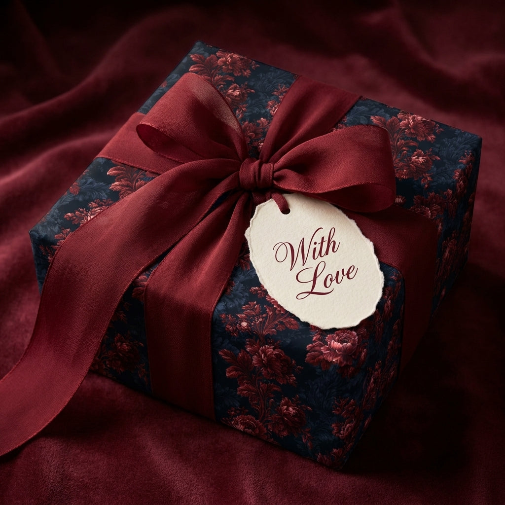 Luxury burgundy floral wrapping paper with a red bow and 'With Love' gift tag, by Wrapped Studios.