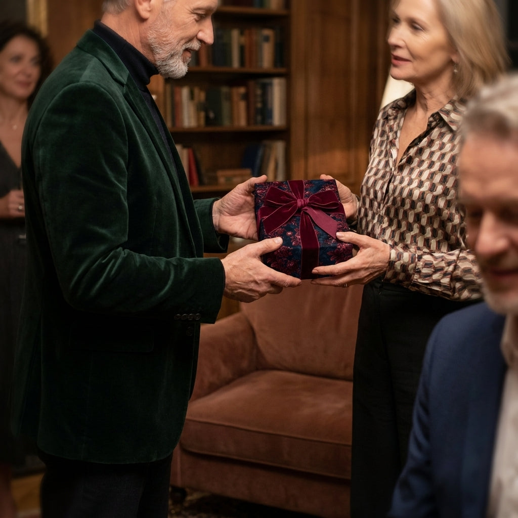 Couple exchanging a holiday gift in luxury floral wrapping paper with a burgundy velvet ribbon by Wrapped Studios.
