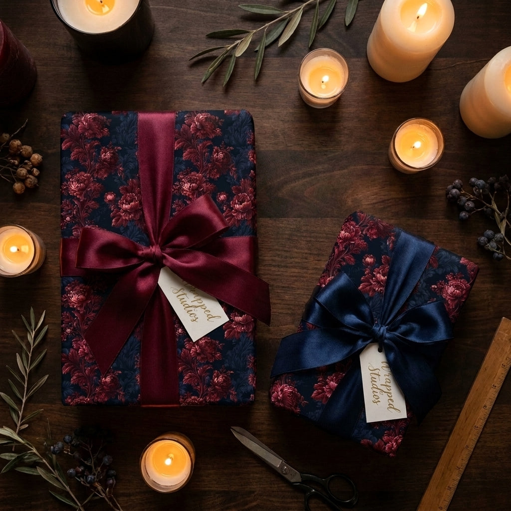 Luxury burgundy and navy floral wrapping paper with satin bows on a candlelit table by Wrapped Studios.