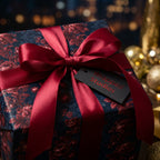 Luxury floral wrapping paper with a red satin bow on a holiday gift box by Wrapped Studios.