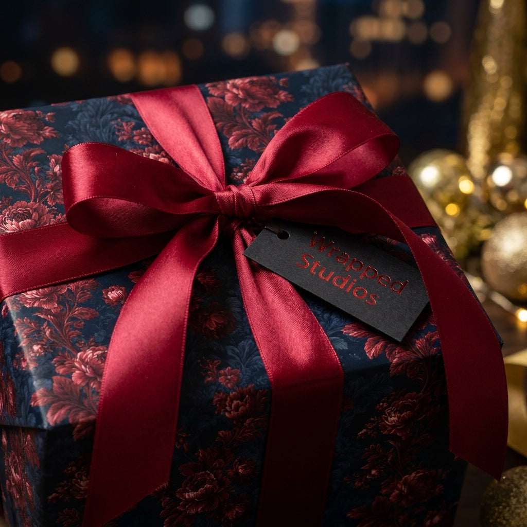 Luxury floral wrapping paper with a red satin bow on a holiday gift box by Wrapped Studios.