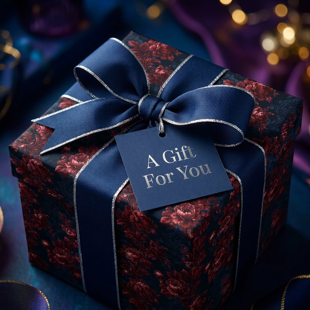 Luxury dark floral wrapping paper with a navy blue ribbon bow and gift tag by Wrapped Studios.