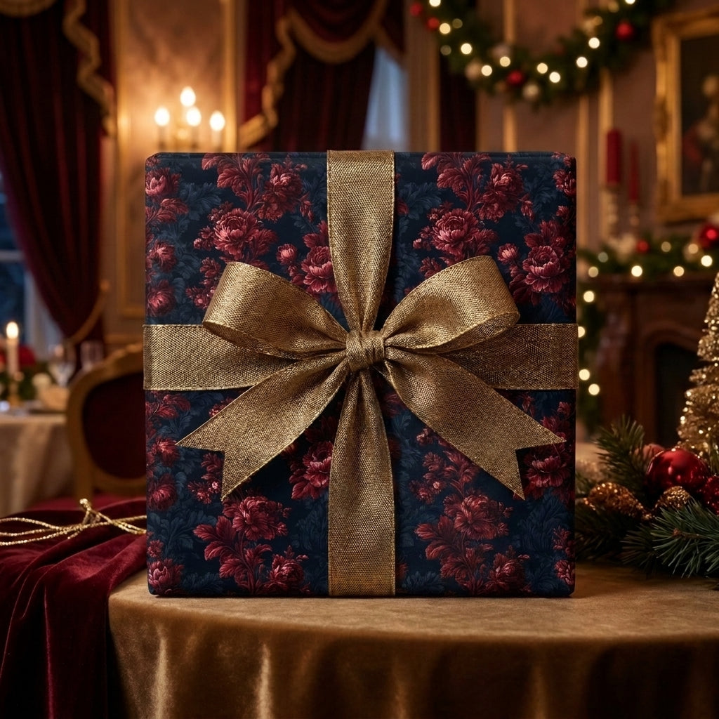 Luxury Christmas wrapping paper with a vintage burgundy floral print and gold ribbon, by Wrapped Studios.
