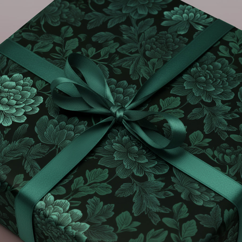 Close-up of a gift wrapped in luxury floral wrapping paper with a dark green ribbon bow.