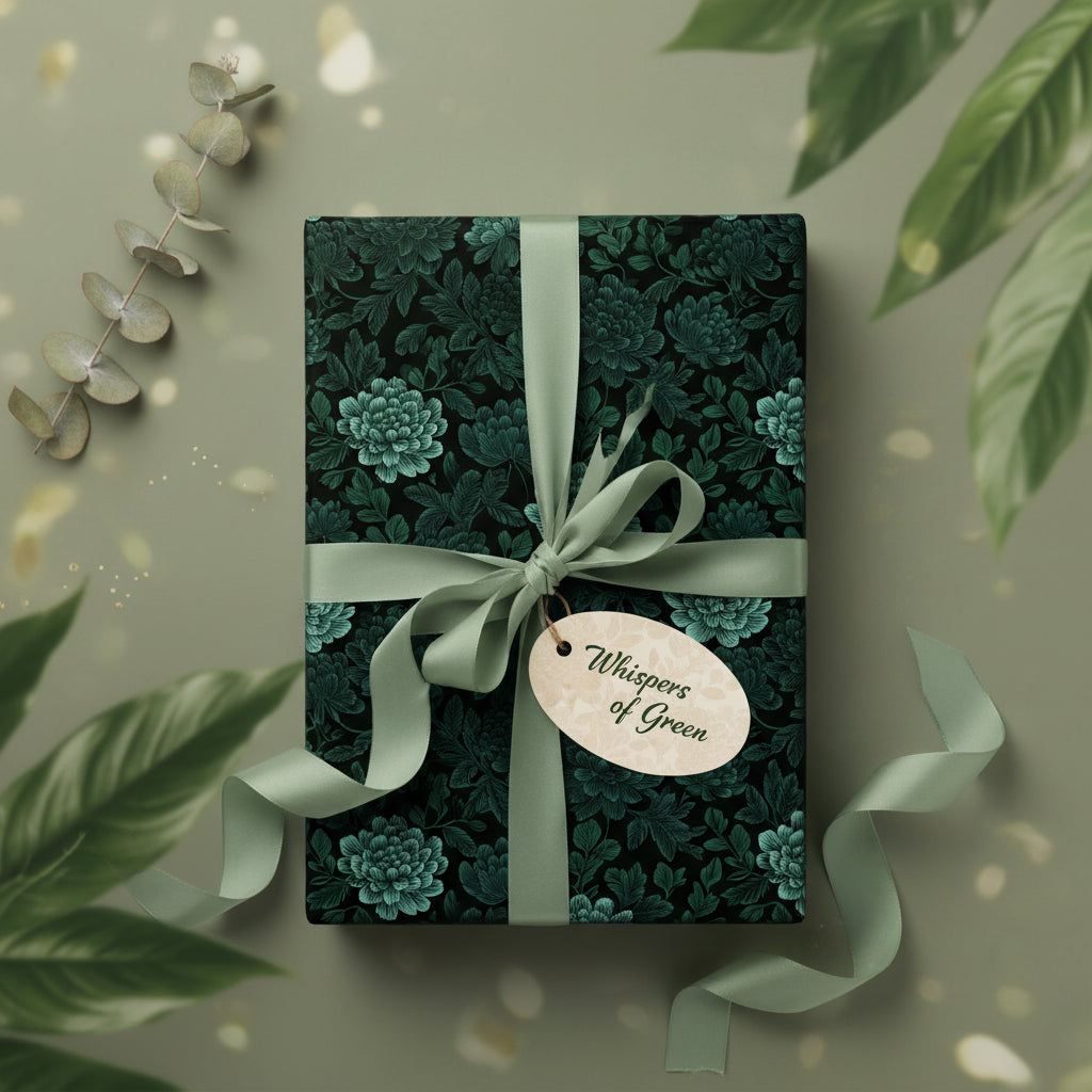 Elegant gift wrapped in dark floral wrapping paper with sage green ribbon and "Whispers of Green" tag.