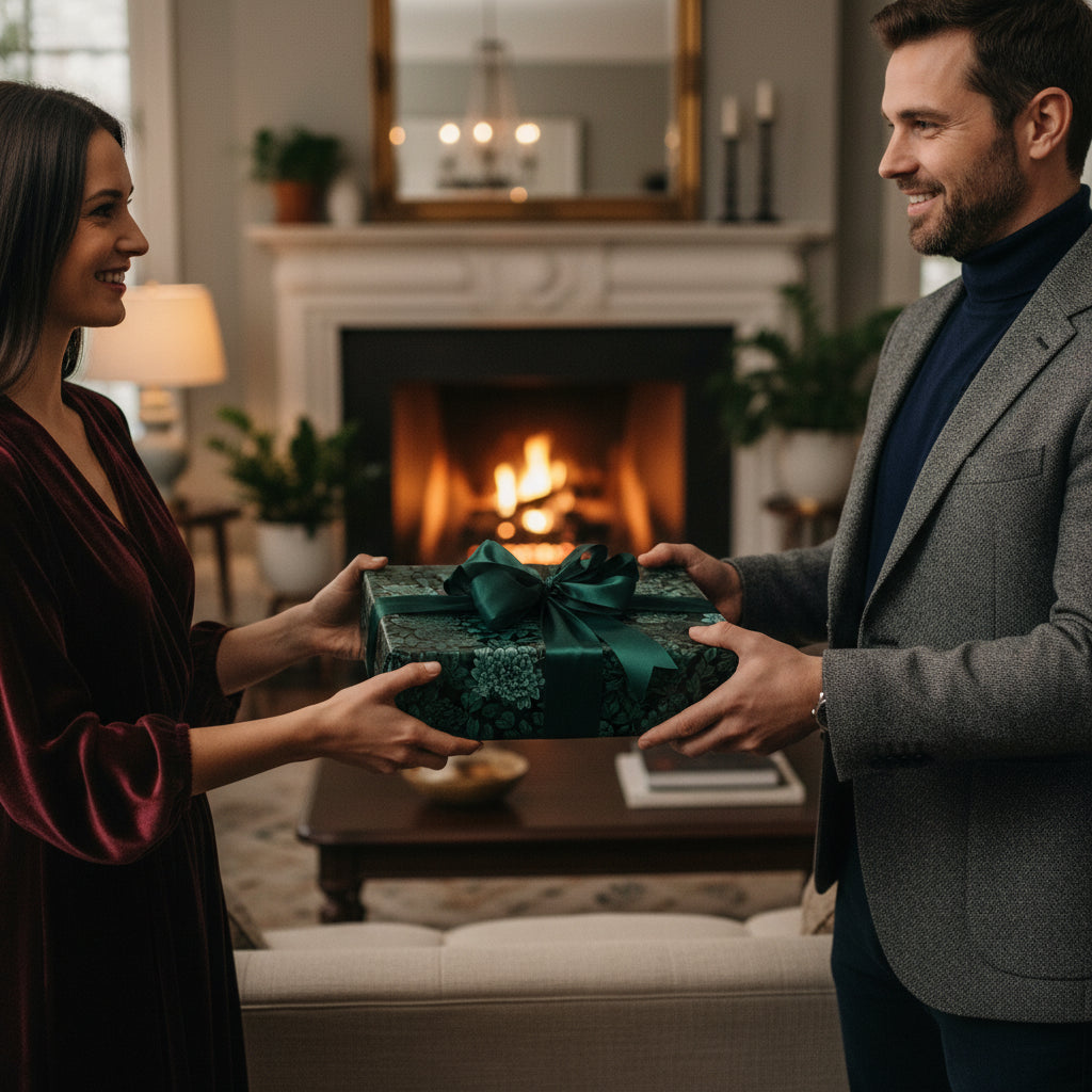 Woman exchanging gift wrapped in luxury floral wrapping paper with green ribbon bow, fireplace background.