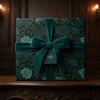 Elegant gift wrapped in dark floral wrapping paper with a lush teal velvet ribbon.