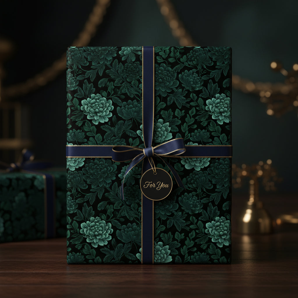Elegant gift wrapped in dark floral wrapping paper with navy ribbon and "For You" tag.