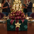 Elegant floral Christmas gift wrap with a burgundy and gold ribbon on a dining table.