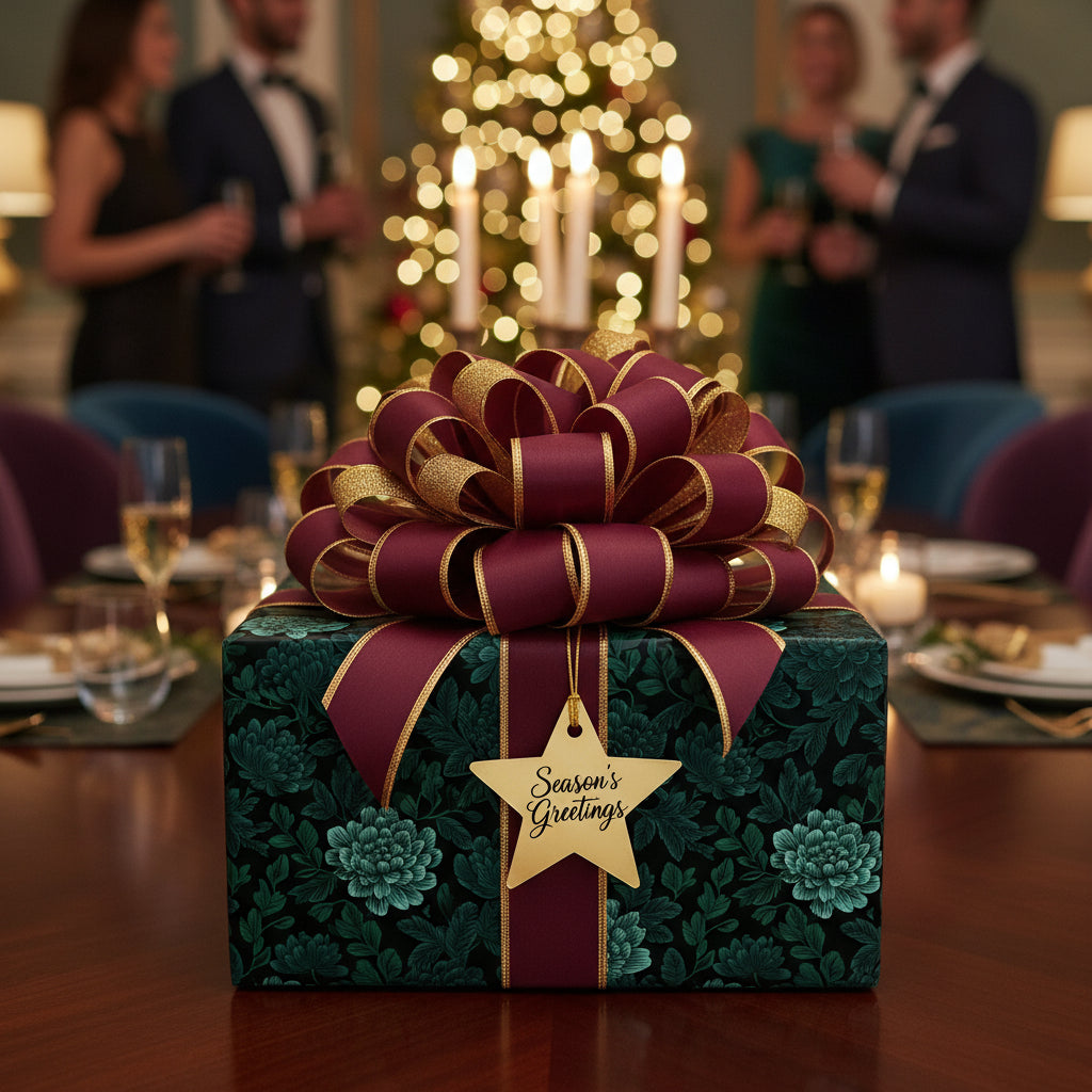 Elegant floral Christmas gift wrap with a burgundy and gold ribbon on a dining table.