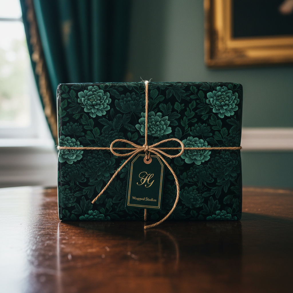 Elegant gift wrapped in green floral wrapping paper with twine bow, perfect for a special occasion.