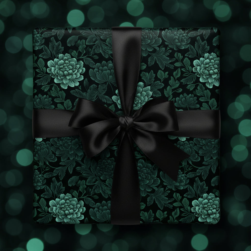 Elegant gift wrapped in dark floral wrapping paper with a black satin ribbon and bow.