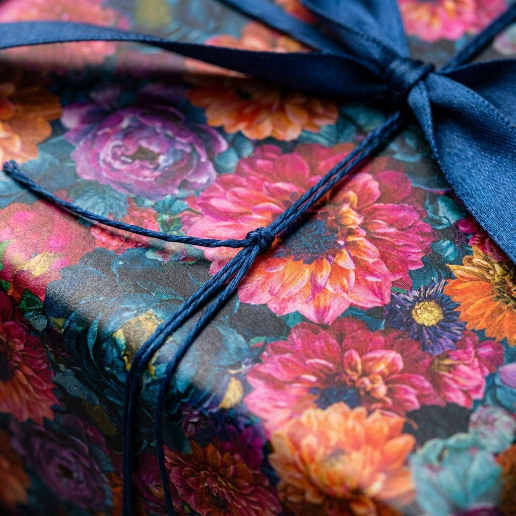 Moody floral wrapping paper with vibrant dahlias and blue ribbon by Wrapped Studios.
