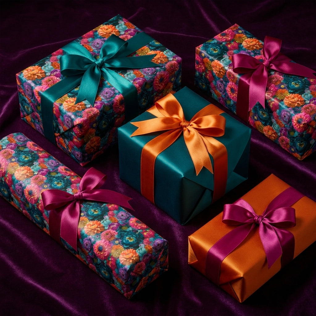 Luxury floral wrapping paper and jewel-toned gift wrap with satin bows by Wrapped Studios.