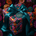 Luxury moody floral wrapping paper with a teal satin bow and Wrapped Studios tag.
