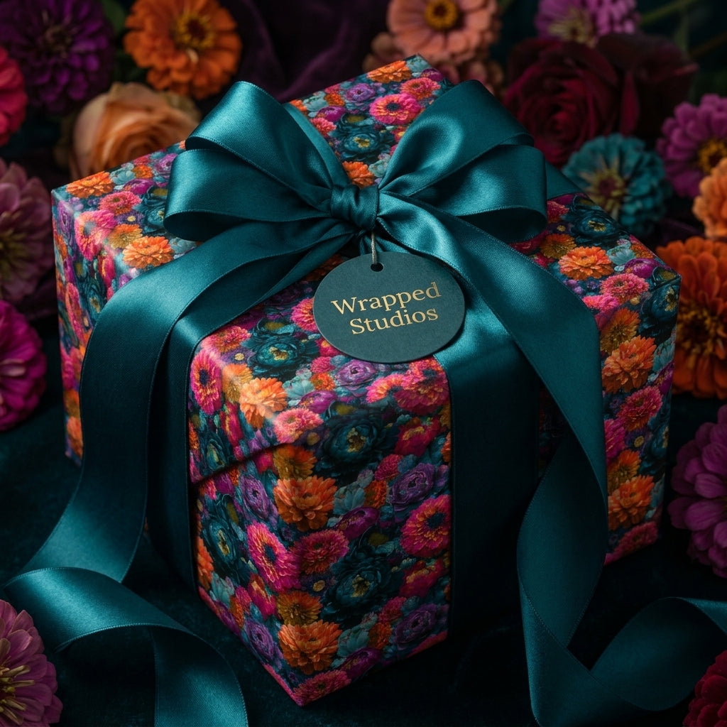 Luxury moody floral wrapping paper with a teal satin bow and Wrapped Studios tag.
