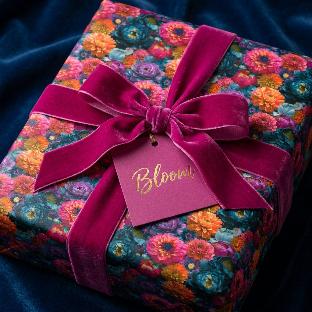 Luxury floral wrapping paper with a magenta velvet bow and tag by Wrapped Studios.