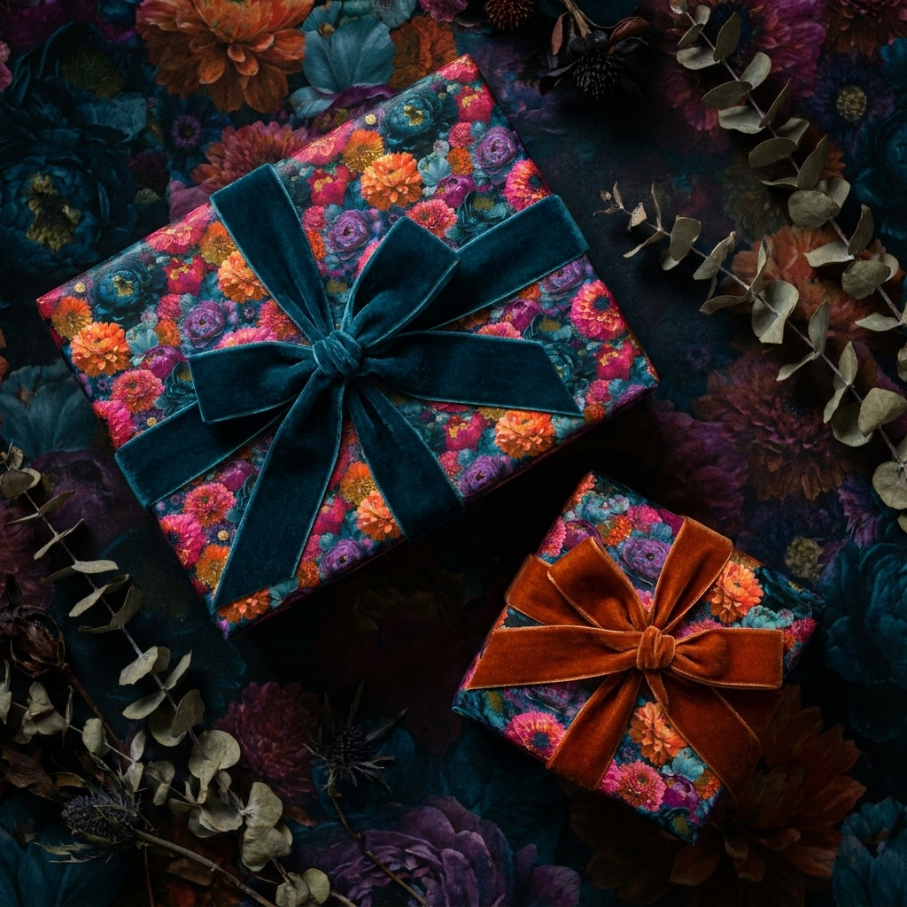 Luxury dark floral gift wrap with teal and orange velvet ribbons on gift boxes by Wrapped Studios.