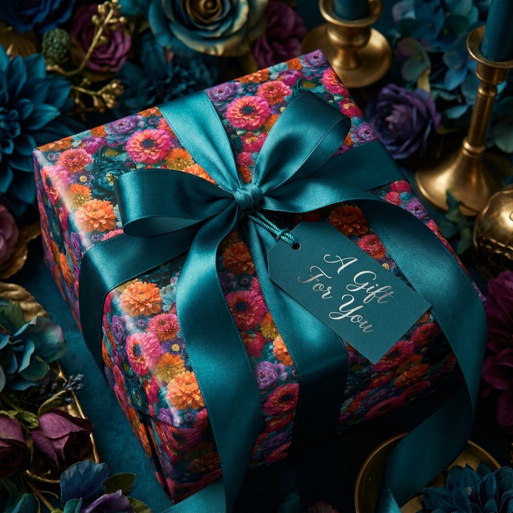 Moody floral wrapping paper with teal satin ribbon on a luxury gift box by Wrapped Studios.